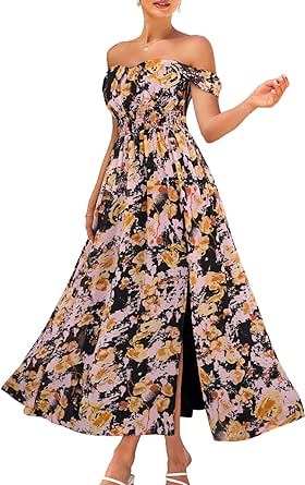 GRACE KARIN 2024 Women's Summer Floral Print Flowy A Line Dresses Sleeveless Smocked Off Shoulder Maxi Dress