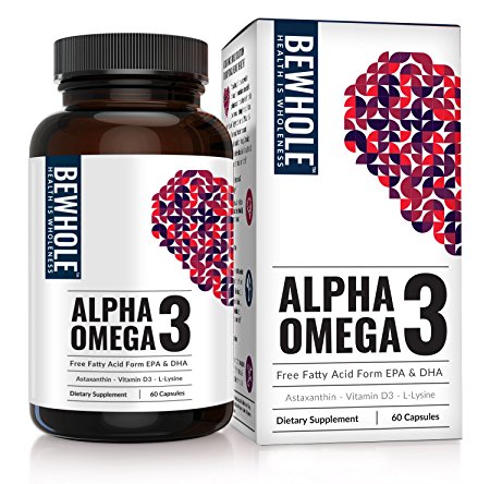 Alpha Omega 3: Free Fatty Acid Form Omega 3 EPA & DHA – 4.5 Times More Effective than Fish Oil – Contains Omega 3 EPA & DHA, Astaxanthin, L-Lysine, Vitamin D3 & Vitamin B12