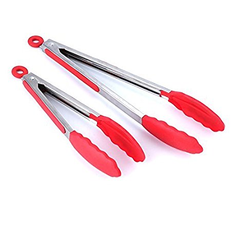 HornTide Silicone Food Tongs Pack of 2 Piece Heat Resistant Non-Stick for Barbecue Cooking Salad Kitchen Serving Tong Self Locking 9-inch & 12-inch