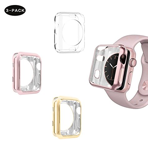 [3-PACK] Apple Watch 42mm Series 2 Case, iHYQ Ultra Slim Plated TPU Flexible Lightweight Case Protective Bumper Cover for Apple iWatch Series 1, Series 2, pack of 3 (42mm Clear Pink Gold Gold)