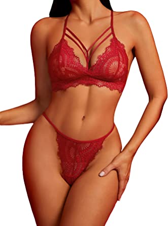 Milumia Women 2 Piece Lingerie Set Contrast Lace Scallop Matching Bra and Panty Sets