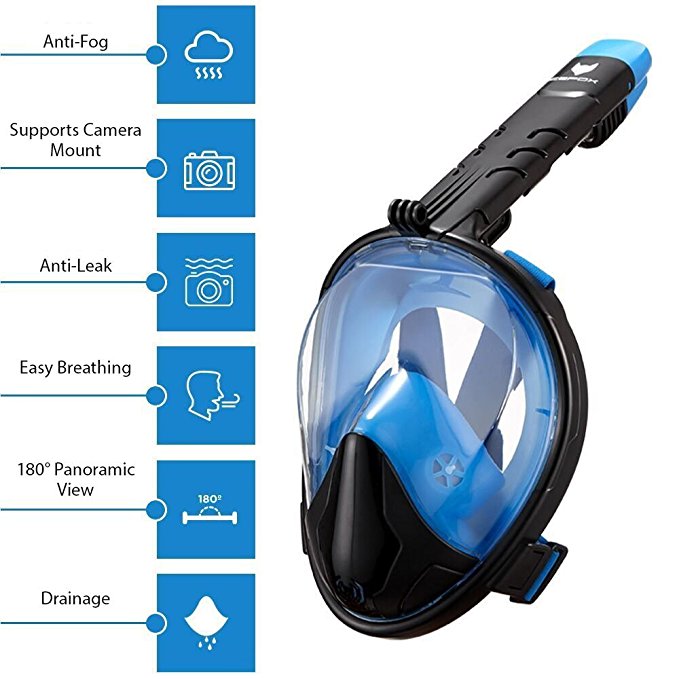 IceFox Full Face Snorkel Mask, Foldable Free Breathing Mask Set, 180° Panoramic View, Anti-Fog and Anti-Leak, Detachable Action Camera Mount