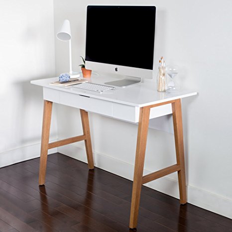 Wood Computer Desk with Drawer - Great for Home Office, Small Spaces - Sturdy Solid Wooden Base - Use as a Writing Desk, Makeup Vanity, or a Console Table, White Modern Finish, Light Wood Legs
