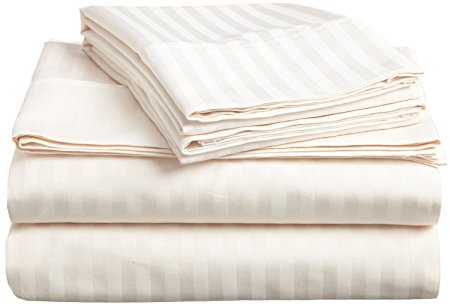 600 Thread Count 1 Peice Fitted Sheet 21" Deep Pocket in Stripe Ivory Queen Size 100% Egyptian Cotton By SDS