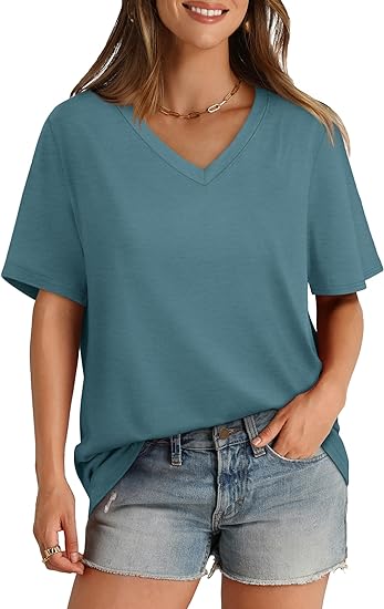 Aokosor Womens T Shirts V Neck Short Sleeve Casual Loose Tees Tops 2024 Trending Now