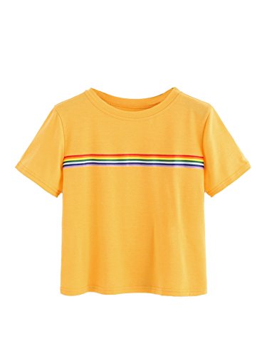 Romwe Women's Summer Rainbow Color Block Striped Crop Top School Girl Teen Tshirts