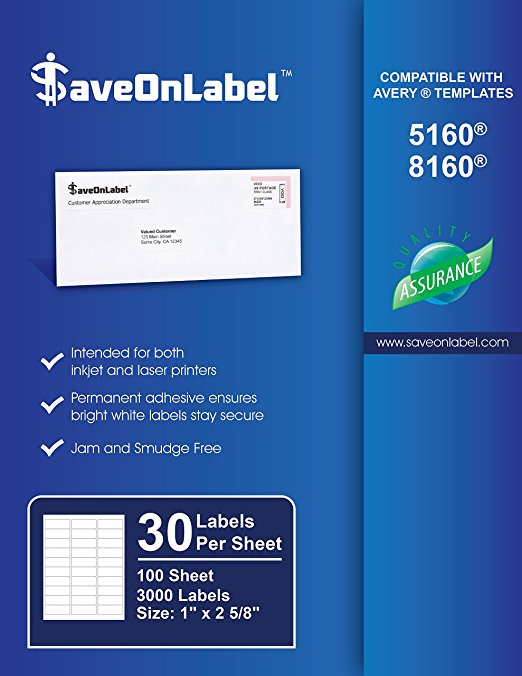 SaveOnLabel 30-Up Address Labels Per Sheet, 100 Sheets