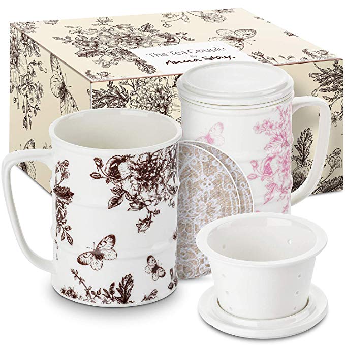 The Tea Couple Tea Infuser Mug (Set of 2) 14 oz. Vintage Porcelain Cups w/Ultra-Fine Mesh for Steeping | 2 Heat-Resistant, Non-Slip Drink Coasters | Reusable Home & Office Drinkware