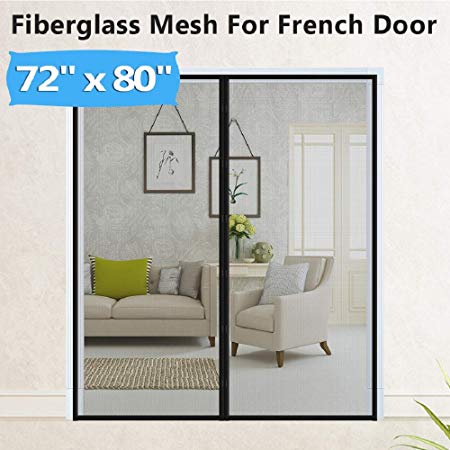 Fiberglass Magnetic Screen Mesh for French Door [Upgraded Vesion 72"W80"L] IKSTAR Double Instant Screen Door with Full Frame Magic Tape Curtain Mesh Mosquito Net Bug Out Fit Door Up to 70"x 79" Max