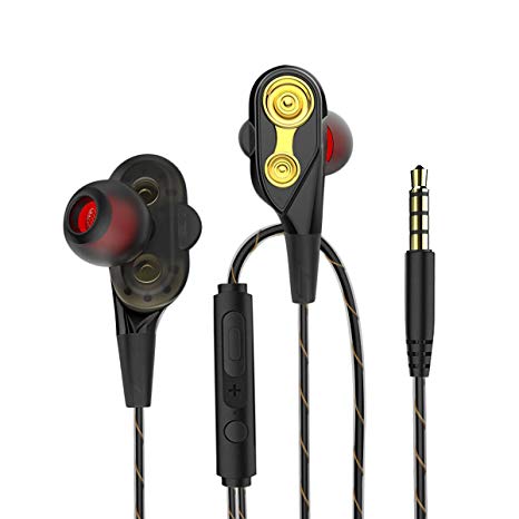 in-Ear Headphones, Fellee Wired Stereo HiFi Earphones Stereo Dual Dynamic Drivers Earbuds with Mic and 3.5mm Jack, Noise Isolating Sports Headsets (Black Golden)