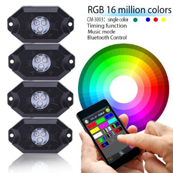 MICTUNING 2nd-Gen RGB LED Rock Lights with Bluetooth Controller, Timing Function, Music Mode - 4 Pods Multicolor Neon LED Light Kit