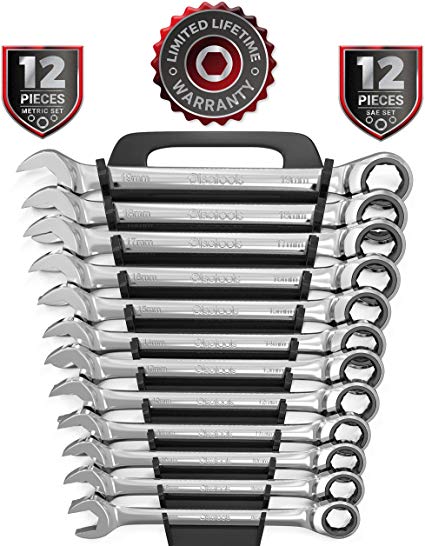 12pc Metric Ratcheting Wrench Set - 100 Teeth Ratchet Combination Wrenches - Patented Box End That Works On Stripped and Rounded Bolts - Professional Grade Ratchet Wrench Set for Mechanics | by Olsa