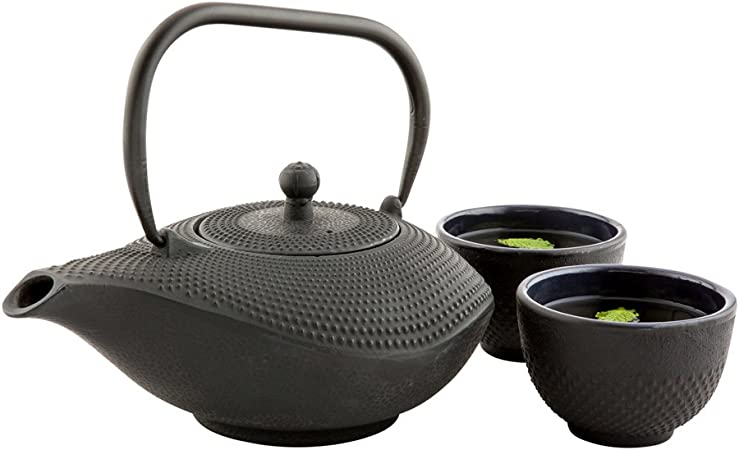 Tetsubin 34 Ounce Cast Iron Teapot, 1 With Strainer Iron Teapot - Retains Heat, Curved Handle, Black Cast Iron Japanese Tea Kettle, Hobnail - Restaurantware