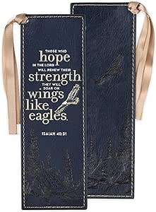 Christian Art Gifts Faux Leather Heat-debossed Bookmark for Men & Women: On Wings Like Eagles - Isaiah 40:31 Inspirational Bible Verse, Navy Blue w/Silver & Soft Gold Satin Ribbon