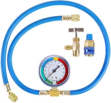 YSTOOL AC U Charge Hose with Gauge Car Refrigerant R134a R12 R22 Recharge Tool Kit Auto Air Conditioner Charging Hose 250PSI Low Pressure Meter Brass 1/4" Female Parts R134a Can Tap Quick Coupler