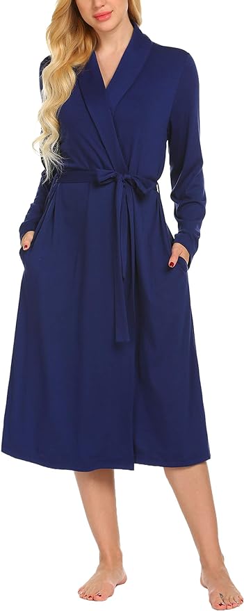 Ekouaer Robes for Women Long Sleeve Knit Kimono Bathrobe Soft Lightweight Loungewear Ladies Cotton Dressing Gown