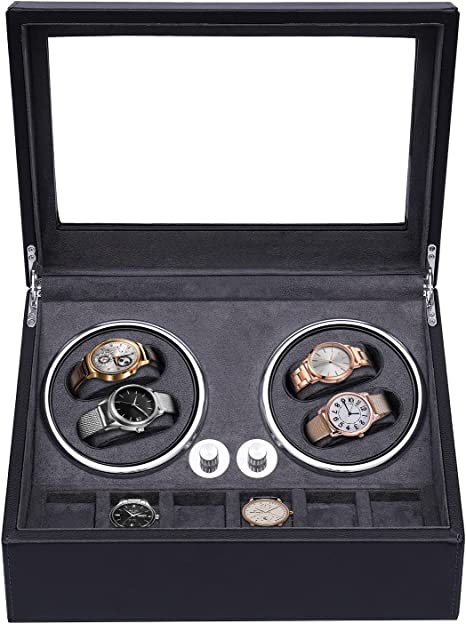 SHZICMY Watch Winder for 4 Watches  6 Extra Storages with Blue Interior Backlight, Crocodile Pattern Shell Watch Winding Box with Velvet Cloth Lining, Silent Mabuchi Motors and 4 Rotation Mode Setting