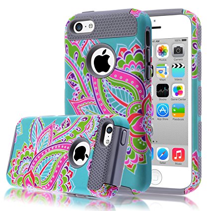 iPhone 5C Case,iphone5C Case,Kmall(TM) for iPhone 5C 2in1 High Impact Hybrid Dual Layer Case Heavy Duty Case Full-body Matte Rugged Armor Cover Case with Totem Tribe Floral Pattern (Gray)
