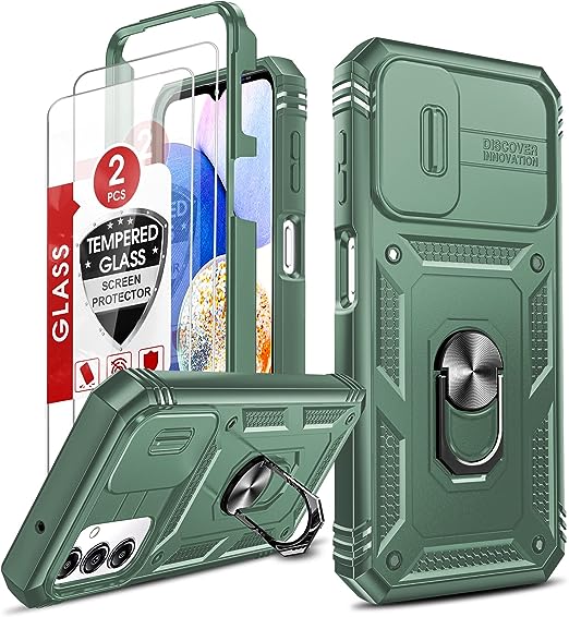 LeYi Galaxy A14 5G Case Samsung A14 5G Case with Slide Camera Cover: [2 Packs] Tempered Glass Screen Protector, 360 Full Body Military-Grade Phone Case with Kickstand for Galaxy A14, Green…