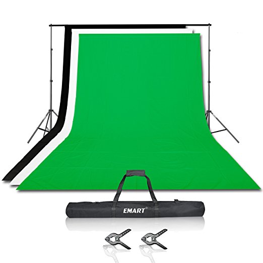 Emart Photography Backdrops Photographic Support Backdrop Stand Kit with 3 Colors Muslin Backdrop 100% Cotton(black White Green),Two clamps for free