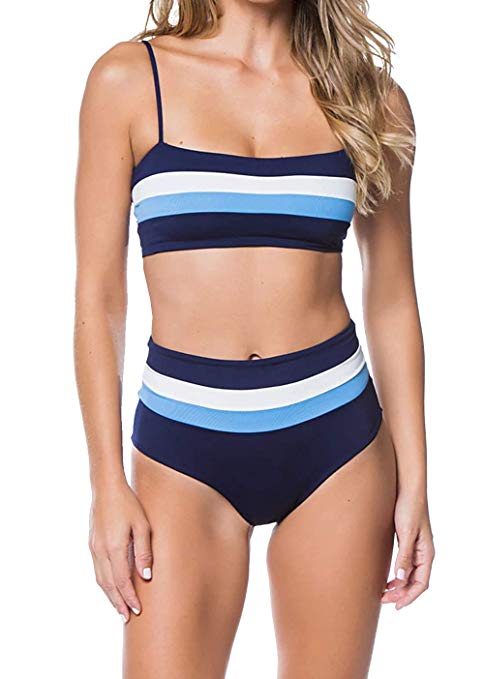 dowerme 2019 Women’s Summer Bikini Spaghetti Strap High Waist Multiple Colored Striped Swimsuit