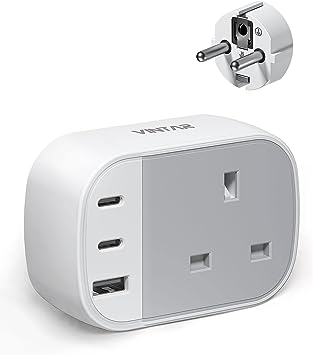 UK to European Plug Adapter, VINTAR Grounded Europe Travel Adapter with 2 USB C & 1 USB A Ports, Travel Plugs UK to EU for Germany France Spain Greece Turkey Poland and More (Type E/F),1Pack