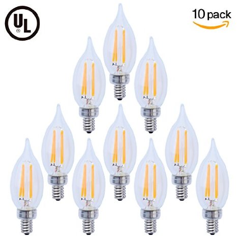 Bomcosy CA10-5W E12 LED Filament Candelabra Bulb,Household Light Bulb Lamp, Bent Tip,50-watt Equivalent,2700K, 600 Luminous, Dimmable, Pack of 10 Units
