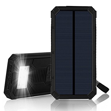 Outtek Power Bank, 15000mAh Solar Panel Charger Waterproof with 6 LEDS Flashlight, Dual USB Ports, Potable Phone Charger Pack Travel Battery for Smart Phones, iPad & Tablets ( Black)