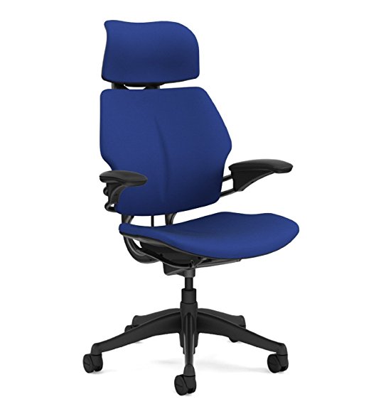 Freedom Chair by Humanscale: Headrest - Advanced Duron Arms - Gel seat - Standard Carpet Casters - Graphite Frame/Blue Wave Seat