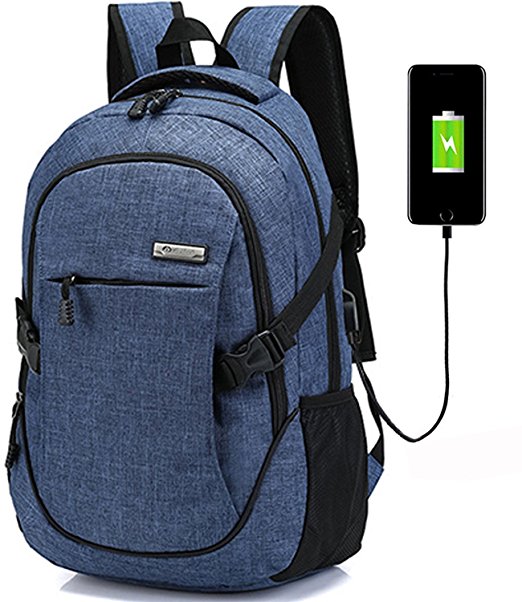 Laptop Computer Backpack Hopesport External USB Charge Port with Built-in USB Charging Cable School Travel Backpacks (blue)