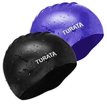 2Pcs Swimming Caps, Turata Comfortable Unisex Silicone Swim Caps with Full Ear Protection for Men Women Youth Kids, Black Blue (Antislip)