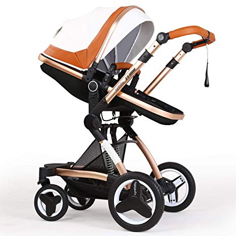 Infant Stroller Newborn Baby Carriage Toddler Seat Strollers Luxury Single Bassinet Baby Stroller Folding Compact Pram Stroller Urban Pushchair (White Brown)