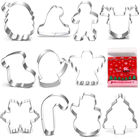 BakingWorld Christmas Cookie Cutter Set-3.5"3"-11 Piece-Santa Face,Christmas Tree,Hat,Glove,Gingerbread Men,Snowflake,Reindeer,Angel,Snowman and More Cookie Molds,with 100 Pack Candy Bags