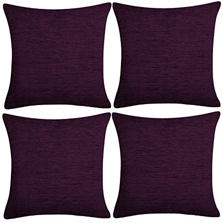 Adore 4 x Luxury Plain Chenille Cushion Cover Soft Covers 43 x 43cm, 17x17, Plum