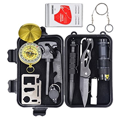 Eachway Professional 10 in 1 Emergency Survival Gear Kit Outdoor Survival Tool with Fire Starter Whistle Survival Knife Flashlight Tactical Pen etc for Outdoor Travel Hike Field Camp