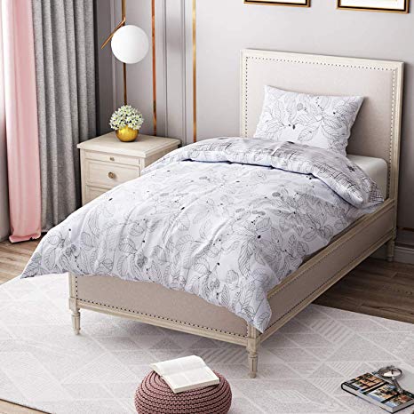LANGRIA Comforter Set with Leaf and Sketch Print Reversible Design, Ultra Soft and Lightweight Down Alternative Fill All-Season Machine Washable Bedding with 1 Pillow Case (Twin Size)
