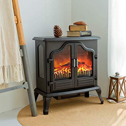 FLAME&SHADE Electric Fireplace Wood Stove Heater Portable Freestanding, Log Flame Effect with Remote and Thermostat, Black, 750W/1500W, W24 X H25