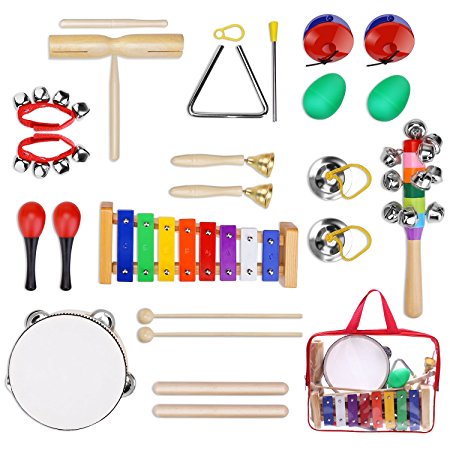 YISSVIC 12Pcs Kids Musical Instruments Xylophone Set Percussion Toy Rhythm Band Set Drum with Carrying Bag