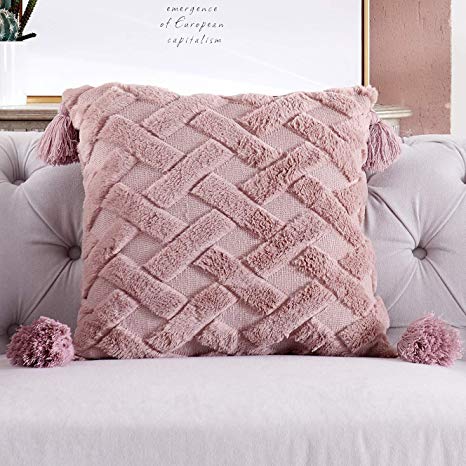 Foindtower Decorative Soft Fur Throw Pillow Cover with Tassels Plush Cute Embroidery Cushion Cover, Solid Tufted Geometric Pillow Case for Couch Chair Bedroom Living Room 18x18 Inch Dusty Pink