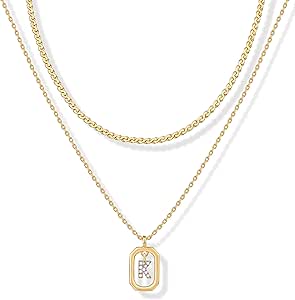 PAVOI 14K Gold Plated Cubic Zirconia Letter Pendant Layered Necklace | Framed Initial Letter Cable Singapore Chains Layering Necklaces for Women