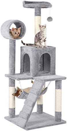 Yaheetech Cat Tree Tower Activity Centres Scratching Post with Tunnel/Condo/Hammock,Light Grey