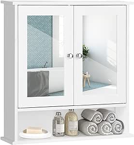 COSTWAY Bathroom Cabinet Wall Mounted - Over The Toilet Wall Storage Cabinet with 2 Mirror Doors and Adjustable Shelf, Hanging Medicine Cabinet for Bathroom, Living Room, Kitchen (White)