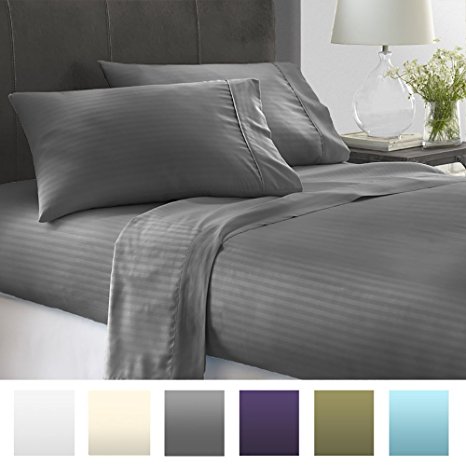 Beckham Hotel Collection Luxury Embossed Stripe Design 4Pc Bed Sheet Set - King - Gray/Stripe