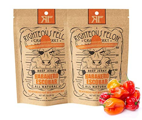Righteous Felon Beef Jerky - Habanero Escobar Dried Beef Jerky - All-Natural Habanero Jerky - Low-Sugar, High-Protein, Healthy Snacks & Gluten-Free Snacks - 2 Ounces Each, Pack of 2