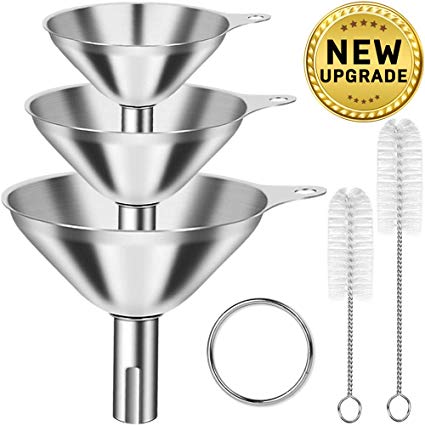 Stainless Steel Funnels, YGDZ 3pcs Small Kitchen Funnels for Transferring Spices Essential Oil Spices Liquid Dry Ingredients, 2pcs Cleaning Brushes