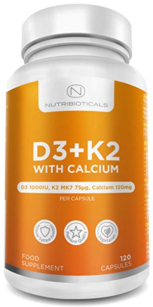 Vitamin D3 25μg (1,000IU)   Vitamin K2 MK7 75ug   Calcium | 4 Months Supply | Perfect Combination with Highest Absorption Rate | 120 Capsules