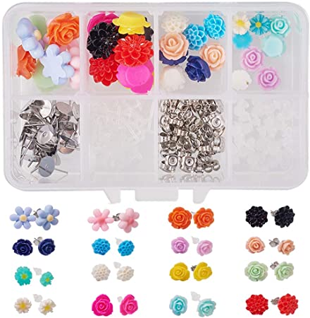 SUNNYCLUE 1 Box 170pcs Mixed Flower Theme Fatback Cabochon Stud Earrings Rings Making Kit - DIY Make 16 Pairs Stud Earrings