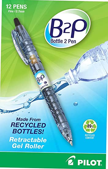 PILOT B2P - Bottle to Pen Refillable & Retractable Rolling Ball Gel Pen Made From Recycled Bottles, Fine Point, Black G2 Ink - 1 Pack (12 Pens)