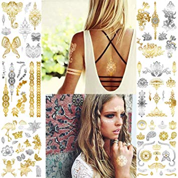 Magicfly Metallic Temporary Tattoos Gold Flash Henna Body Tattoos Stickers for Women Teens Girls Kids 6 Sheets for Festival Wedding Party Over 80 Tats (SET 1)