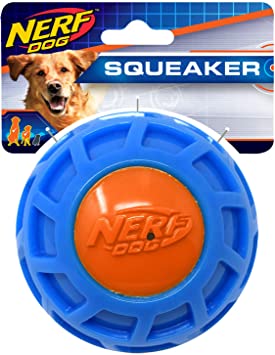 Nerf Dog TPR EXO Squeak Ball Dog Toy, Lightweight, Durable and Water Resistant, Single Unit, Blue/Orange